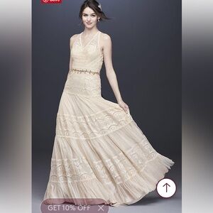 David’s Bridal bohemian Cream Tiered Sleeveless V-Neck Wedding Gown